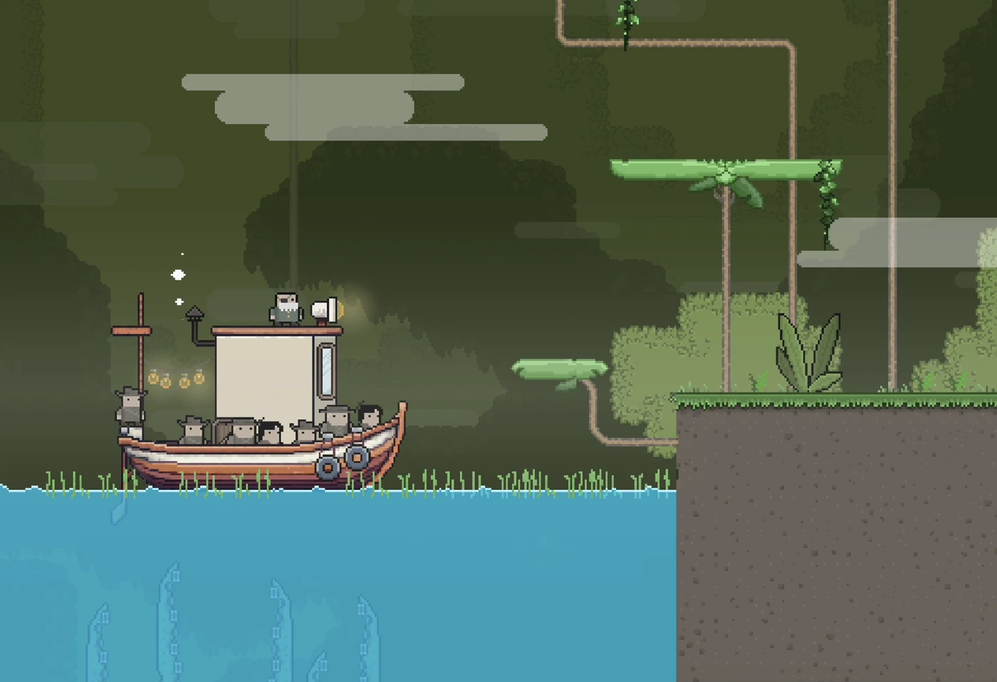 Le bateau-maison chargé de Raiders accoste au bord d'une jungle brumeuse.