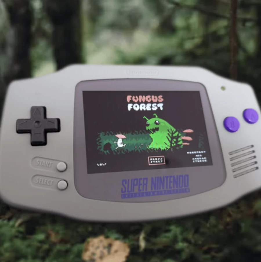 Fungus Forest sur une console portable, dans la mousse d'une forêt.