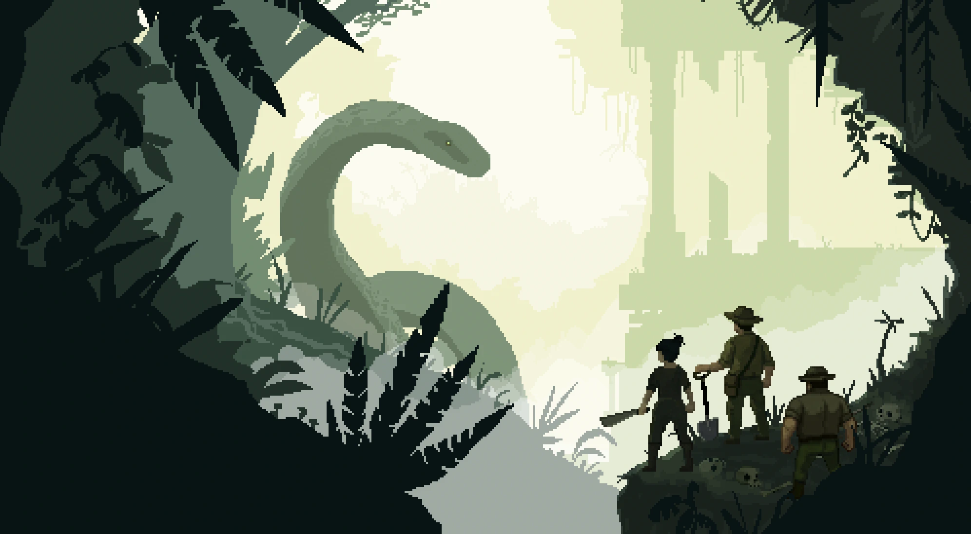 Trois Raiders sur une falaise couverte de crânes observent un sauropode géant dans une jungle brumeuse.