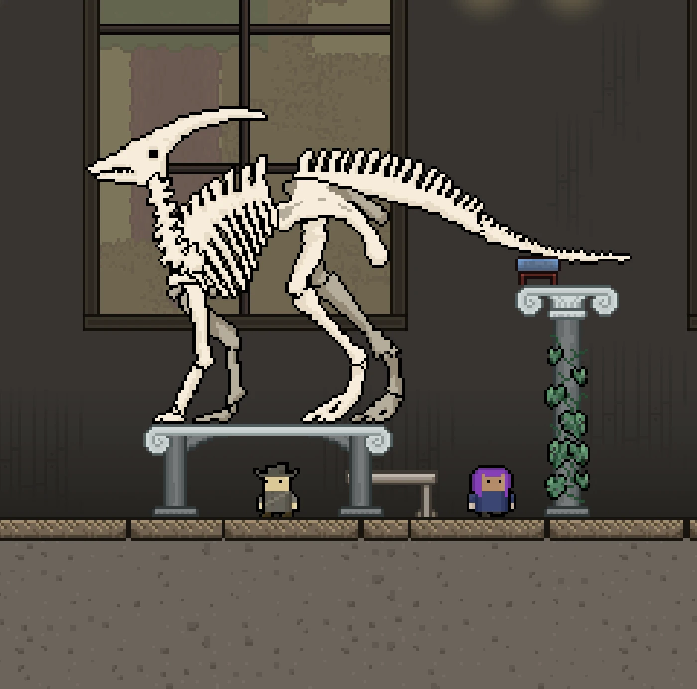 Un Raider et la conservatrice aux cheveux violets devant un squelette de parasaurolophus.