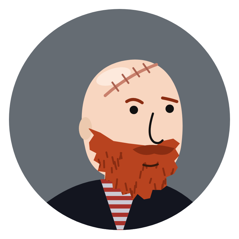 Portrait illustré de Patrick, chauve à barbe rousse, avec une cicatrice sur le crâne.